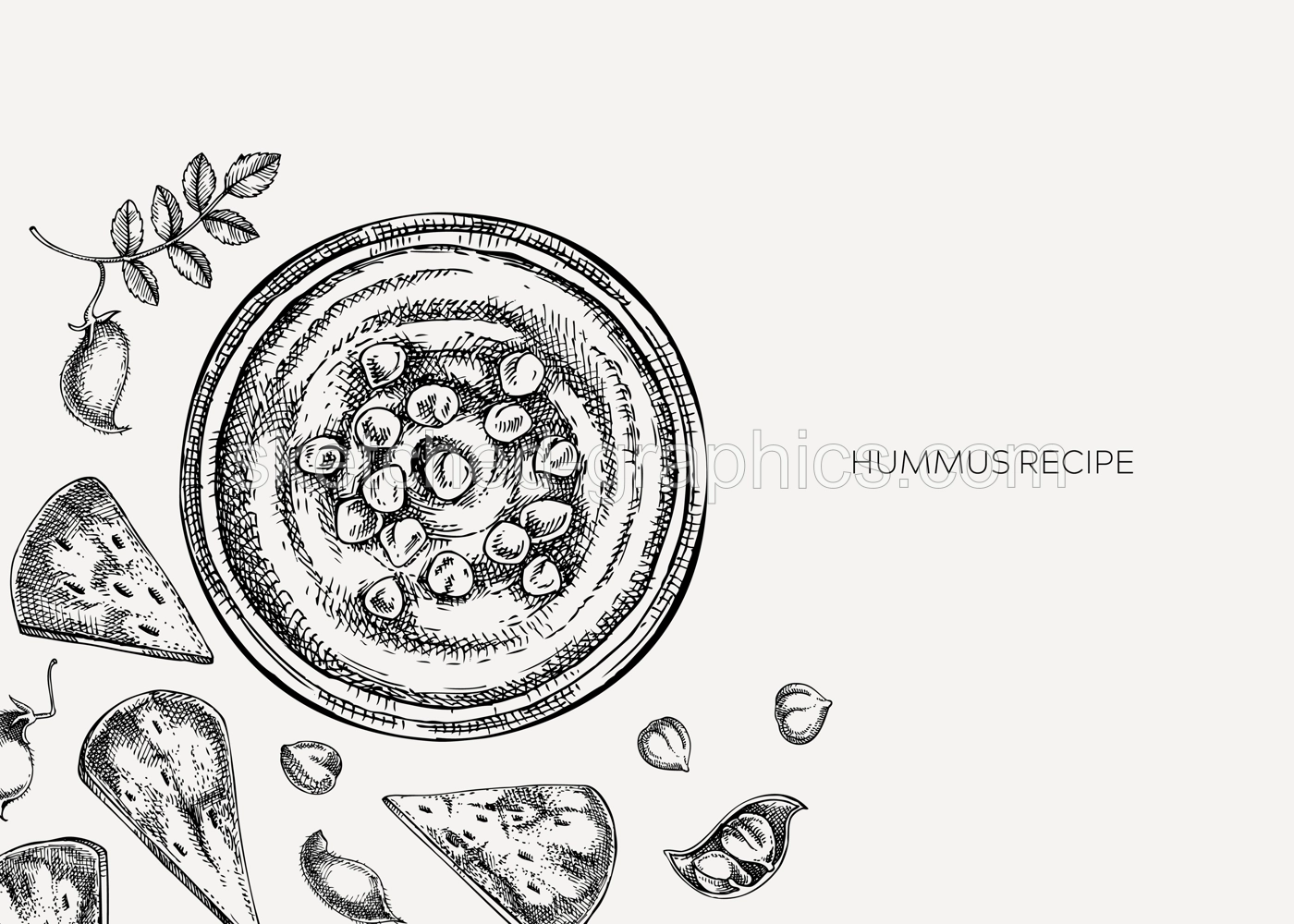 Hummus background. Mediterranean food, ingredients, plants, pita sketches. Vegan food illustration. Hand-drawn hummus in plate, pita, and chickpeas for menu, recipe, or packaging design.  Illustration